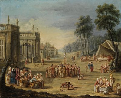 Höfisches Gartenfest mit Zelt und einem Artisten in staunender Menge von Unbekannt Unbekannt
